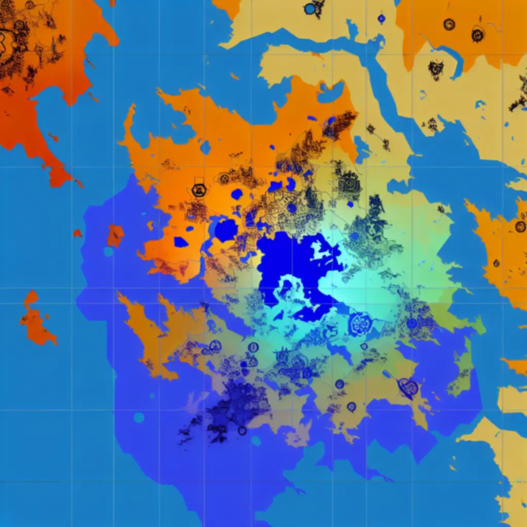 Stylizowana mapa Tyrii z zaznaczonymi regionami dynamicznych wydarzeń w Guild Wars 2.