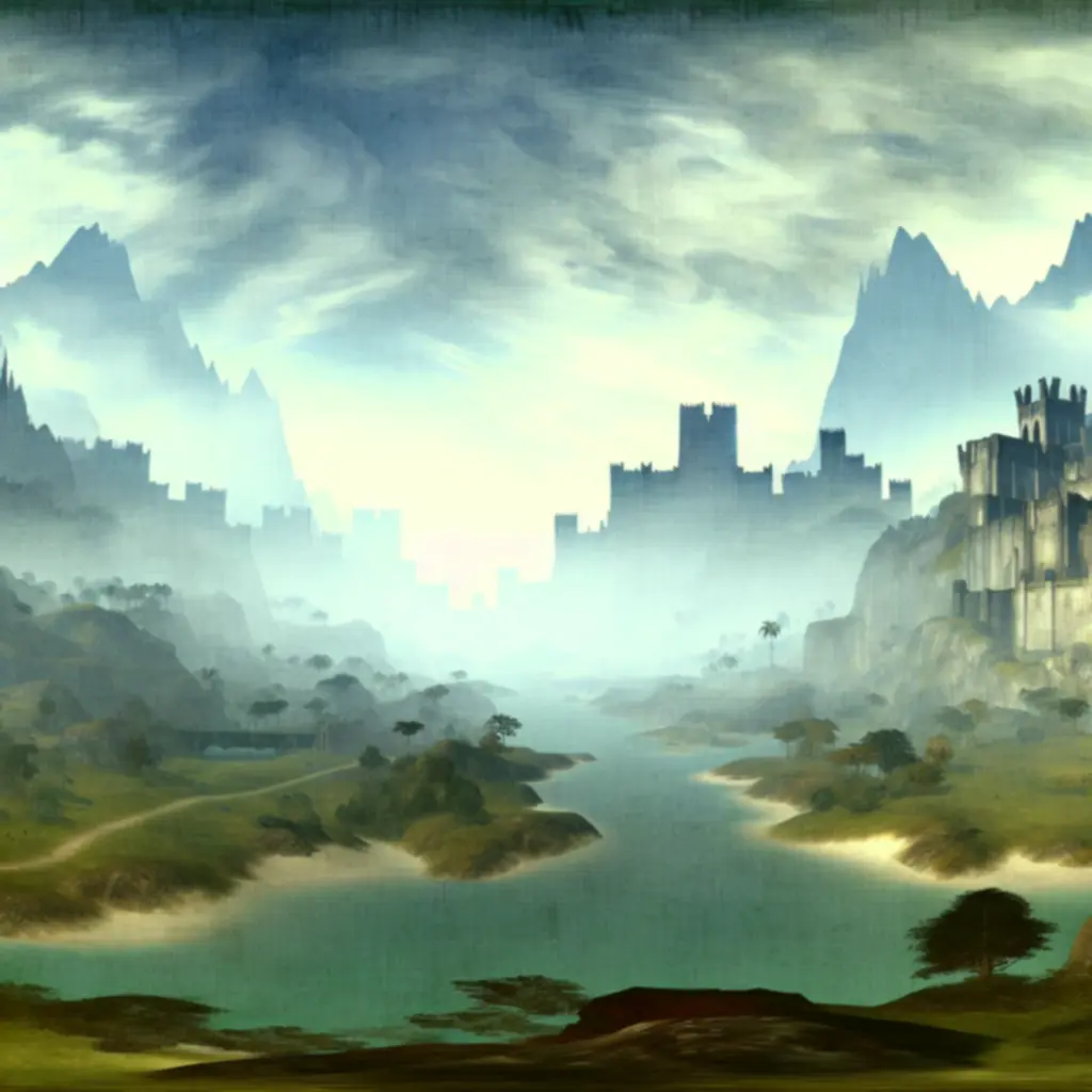 Fantastyczny krajobraz Tyrii z górami i magiczną poświatą